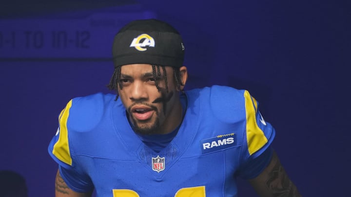 Dec 8, 2024; Inglewood, California, USA; Los Angeles Rams cornerback Cobie Durant (14) enters the field before the game against the Buffalo Bills at SoFi Stadium. Mandatory Credit: Kirby Lee-Imagn Images