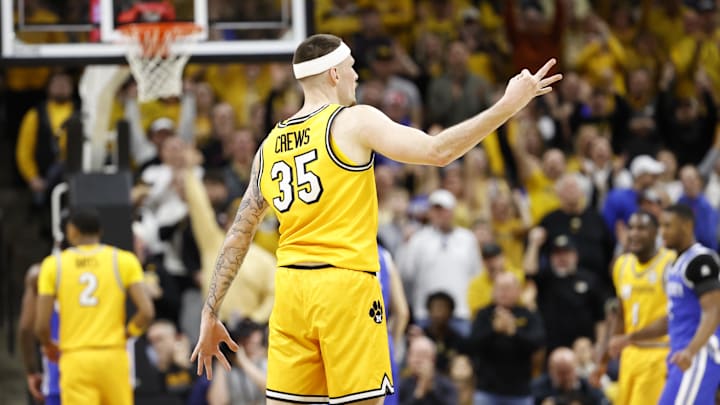 Missouri Tigers guard Jacob Crews (35) celebrates after making a three-point basket, in a game against the Kentucky Wildcats last season.
