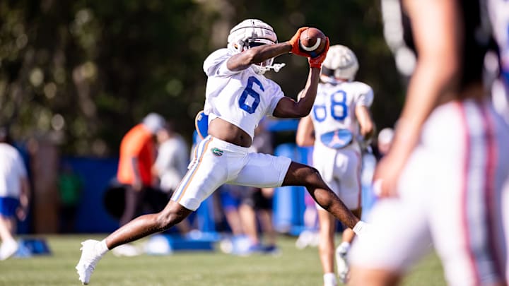 Florida Gators wide receiver Andy Jean (6) makes a catch during spring football practice at Sanders Outdoor Practice Fields in Gainesville, FL on Thursday, March 23, 2023. [Matt Pendleton/Gainesville Sun]

Ncaa Football Florida Gators Spring Football Practice