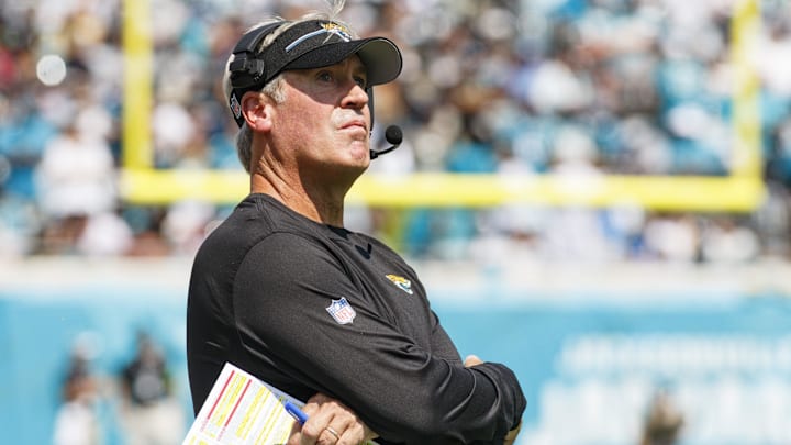 Sep 24, 2023; Jacksonville, Florida, USA; Jacksonville Jaguars head coach Doug Pederson against the Houston Texans during the second quarter at EverBank Stadium. Mandatory Credit: Morgan Tencza-Imagn Images