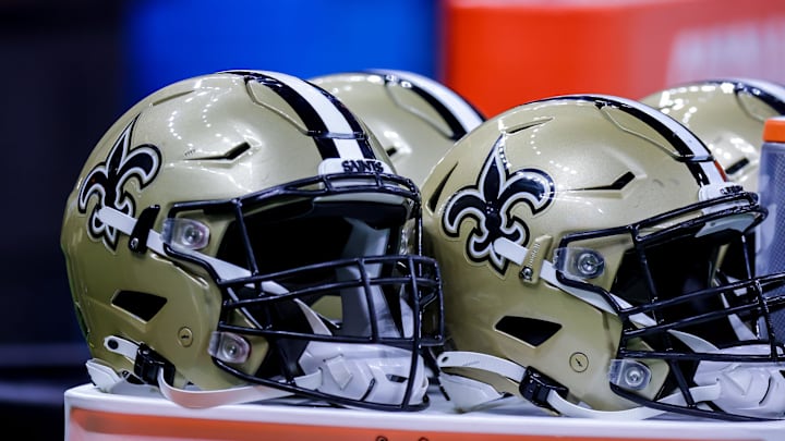 Aug 23, 2021; New Orleans, Louisiana, USA; New Orleans Saints helmets during the game between the New Orleans Saints and the Jacksonville Jaguars during the first half at Caesars Superdome. Mandatory Credit: Stephen Lew-Imagn Images Aug 23, 2021; New Orleans, Louisiana, USA; New Orleans Saints helmets during the game between the New Orleans Saints and the Jacksonville Jaguars during the first half at Caesars Superdome. Mandatory Credit: Stephen Lew-Imagn Images