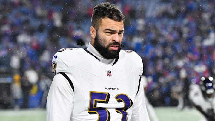 Jan 19, 2025; Orchard Park, New York, USA; Baltimore Ravens linebacker Kyle Van Noy (53) looks on during the first quarter against the Buffalo Bills in a 2025 AFC divisional round game at Highmark Stadium. Mandatory Credit: Mark Konezny-Imagn Images