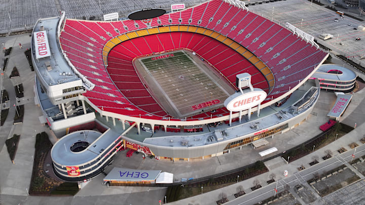 Feb 14, 2024; Kansas City, MO, USA; A general overall aerial view of Arrowhead Stadium at the Truman Sports Complex.