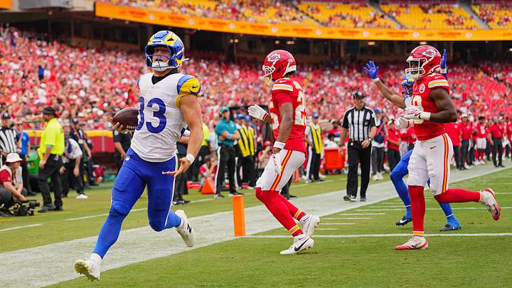 Aug 15, 2026; Kansas City, Missouri, USA; Los Angeles Rams running back Dean Connors (33) scores a touchdown during the second half against the Kansas City Chiefs at at Arrowhead Stadium. Mandatory Credit: Jay Biggerstaff-Imagn Images Aug 15, 2026; Kansas City, Missouri, USA; Los Angeles Rams running back Dean Connors (33) scores a touchdown during the second half against the Kansas City Chiefs at at Arrowhead Stadium. Mandatory Credit: Jay Biggerstaff-Imagn Images