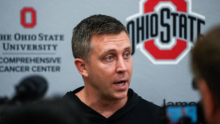 Ohio State Buckeyes head coach Jake Diebler speaks to the media after practice in the practice gym at the Schottenstein Center on July 21, 2026 in Columbus, Ohio.
