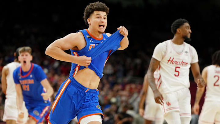 Apr 7, 2025; San Antonio, TX, USA; Florida Gators guard Walter Clayton Jr. (1) celebrates after winning the national championship game of the Final Four of the 2025 NCAA Tournament at the Alamodome. Mandatory Credit: Bob Donnan-Imagn Images