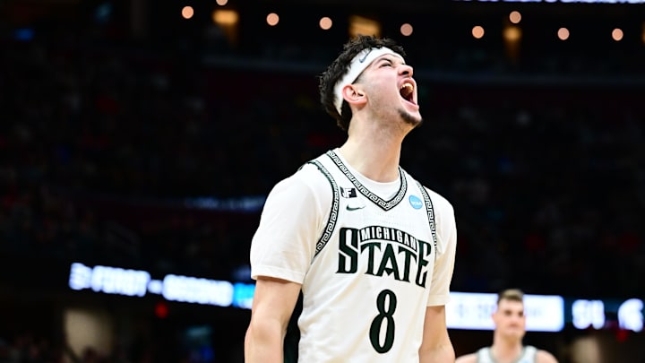 Mar 23, 2025; Cleveland, OH, USA; Michigan State Spartans forward Frankie Fidler (8) reacts in the second half against the New Mexico Lobos during the NCAA Tournament Second Round at Rocket Arena. Mandatory Credit: Ken Blaze-Imagn Images