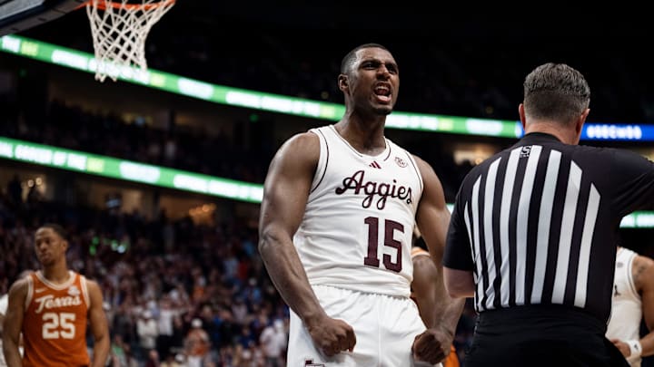 Texas A&M Aggies forward Henry Coleman III reacts during their second-round game of the SEC Men's Basketball Tournament Texas A&M Aggies forward Henry Coleman III reacts during their second-round game of the SEC Men's Basketball Tournament