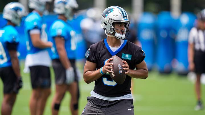 Jun 9, 2026; Charlotte, NC, USA; Carolina Panthers quarterback Bryce Young (9) looks for his receiver during the first day of mini camp at Bank of America Stadium practice facility. Mandatory Credit: Jim Dedmon-Imagn Images Jun 9, 2026; Charlotte, NC, USA; Carolina Panthers quarterback Bryce Young (9) looks for his receiver during the first day of mini camp at Bank of America Stadium practice facility. Mandatory Credit: Jim Dedmon-Imagn Images