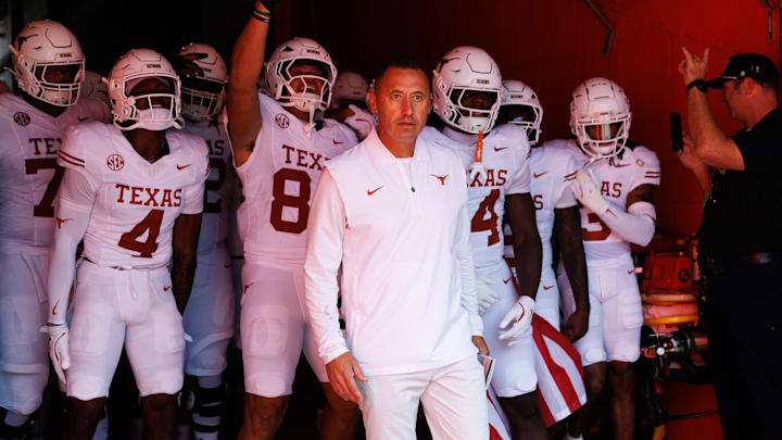 Oct 4, 2025; Gainesville, Florida, USA; Texas Longhorns head coach Steve Sarkisian leads the team out of the tunnel before a game against the Florida Gators at Ben Hill Griffin Stadium. Mandatory Credit: Matt Pendleton-Imagn Images Oct 4, 2025; Gainesville, Florida, USA; Texas Longhorns head coach Steve Sarkisian leads the team out of the tunnel before a game against the Florida Gators at Ben Hill Griffin Stadium. Mandatory Credit: Matt Pendleton-Imagn Images
