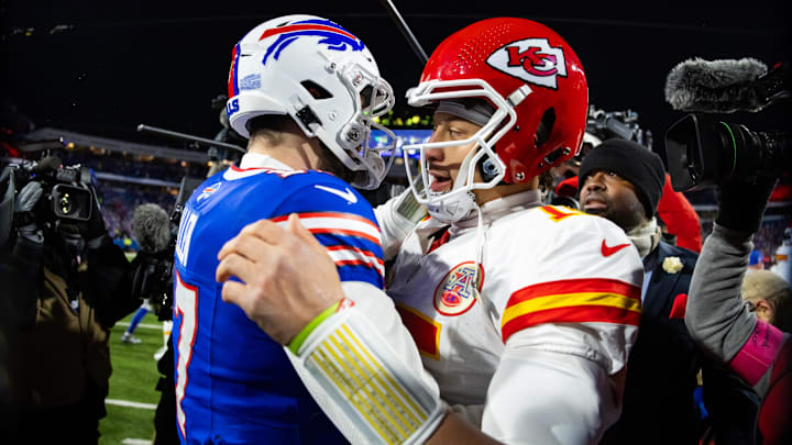 Jan 21, 2024; Orchard Park, New York, USA; Kansas City Chiefs quarterback Patrick Mahomes (15) greets Buffalo Bills quarterback Josh Allen (17) following the 2024 AFC divisional round game at Highmark Stadium. Mandatory Credit: Mark J. Rebilas-Imagn Images