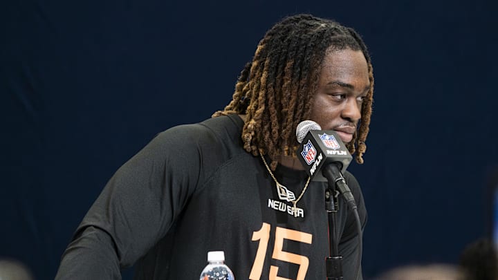 Feb 28, 2025; Indianapolis, IN, USA; Boise State running back Ahston Jeanty (RB15) talks to the press during the 2025 NFL Combine at Indiana Convention Center. Mandatory Credit: Stephanie Amador Blondet-Imagn Images Feb 28, 2025; Indianapolis, IN, USA; Boise State running back Ahston Jeanty (RB15) talks to the press during the 2025 NFL Combine at Indiana Convention Center. Mandatory Credit: Stephanie Amador Blondet-Imagn Images