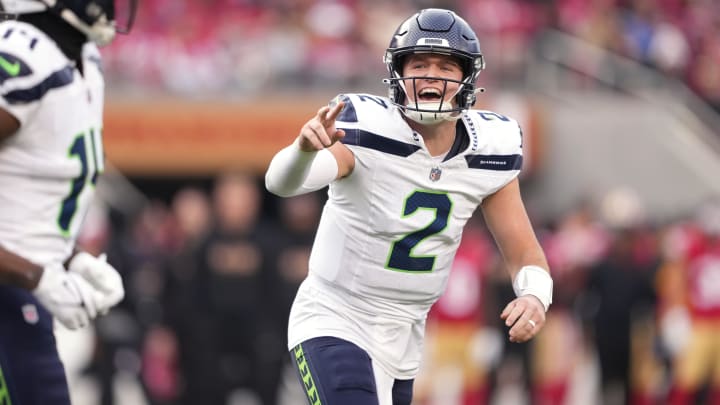 Dec 10, 2023; Santa Clara, California, USA; Seattle Seahawks quarterback Drew Lock (2) yells after throwing a touchdown pass against the San Francisco 49ers during the third quarter at Levi's Stadium.  