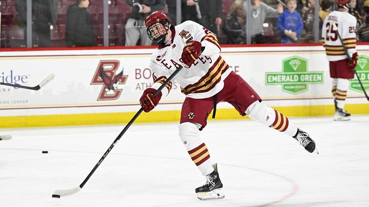 Feb 28, 2025; Chestnut Hill, MA, USA; Boston College forward Dean Letourneau (20) warms up before a game against the University of New Hampshire Wildcats at Conte Forum. Mandatory Credit: Eric Canha-Imagn Images