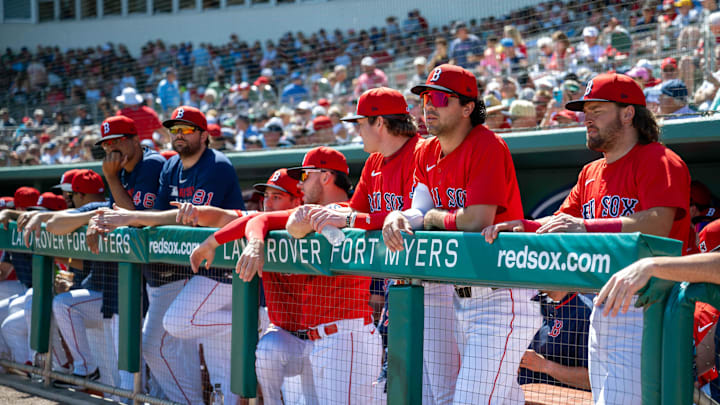 Feb 23, 2025; Fort Myers, Florida, USA; Boston Red Sox players line the dugout during the start of their game with the Toronto Blue Jays at JetBlue Park at Fenway South. Mandatory Credit: Chris Tilley-Imagn Images Feb 23, 2025; Fort Myers, Florida, USA; Boston Red Sox players line the dugout during the start of their game with the Toronto Blue Jays at JetBlue Park at Fenway South. Mandatory Credit: Chris Tilley-Imagn Images