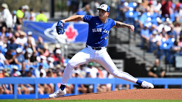 Mar 15, 2024; Dunedin, Florida, USA; Toronto Blue Jays pitcher Ricky Tiedemann (70) throws a pitch in the first inning of the spring training game against the Detroit Tigers at TD Ballpark. Mandatory Credit: Jonathan Dyer-Imagn Images