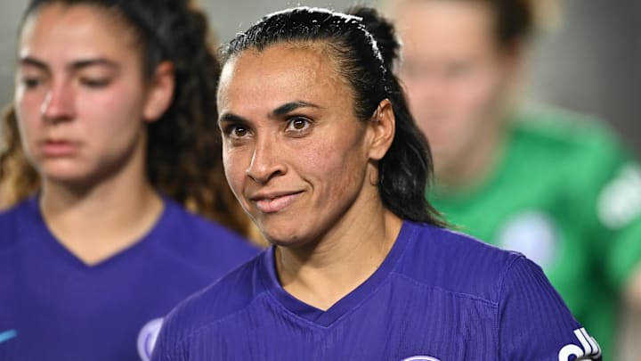 Aug 23, 2024; Houston, Texas, USA; Orlando Pride forward Marta (10) looks on before the start of the second half against the Houston Dash at Shell Energy Stadium. Mandatory Credit: Maria Lysaker-USA TODAY Sports