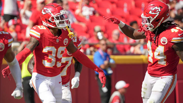 Then Chiefs cornerback Keith Taylor Jr. (39), the ex-Husky, celebrates a 2024 preseason play. 