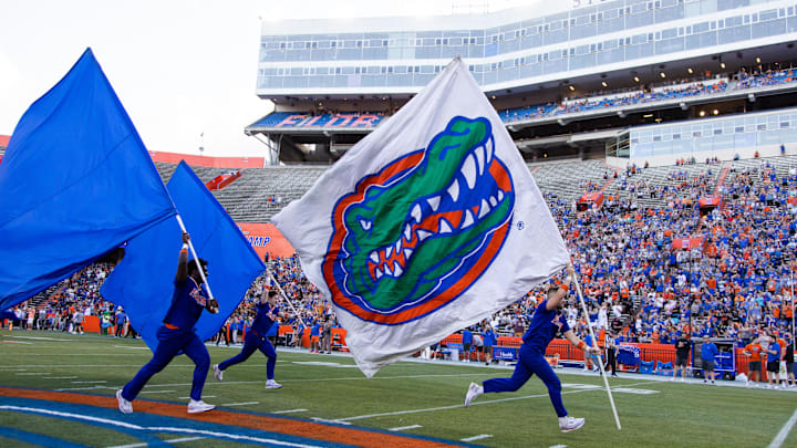 Gator fans cheer as the flags are brought onto the field during the first half of the University of