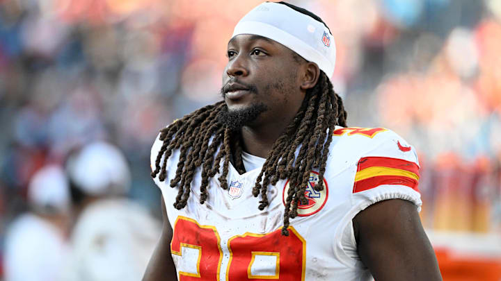 Kansas City Chiefs running back Kareem Hunt (29) on the sidelines in the fourth quarter at Bank of America Stadium.