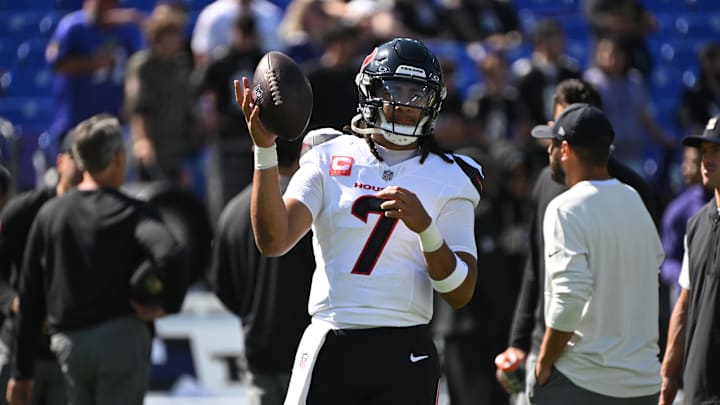 Oct 5, 2025; Baltimore, Maryland, USA; Houston Texans quarterback C.J. Stroud (7) warms up before a game against the Baltimore Ravens at M&T Bank Stadium. Mandatory Credit: Rafael Suanes-Imagn Images