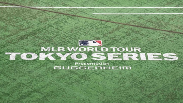 Mar 16, 2025; Bunkyo, Tokyo, Japan; The Tokyo Series logo is printed on the field as seen before the game between the Chicago Cubs and the Los Angeles Dodgers at Tokyo Dome. Mandatory Credit: Darren Yamashita-Imagn Images