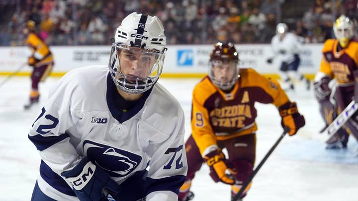 Oct 4, 2025; Tempe, AZ, USA; Penn State Nittany Lions forward Gavin McKenna (72) skates against the Arizona State Sun Devils during the second period at Mullett Arena. Mandatory Credit: Joe Camporeale-Imagn Images