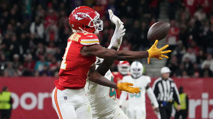 Nov 5, 2023; Frankfurt, Germany; Kansas City Chiefs wide receiver Marquez Valdes-Scantling (11) attempts to catch the ball against Miami Dolphins cornerback Kader Kohou (4) in the second half during an NFL International Series game at Deutsche Bank Park. Mandatory Credit: Kirby Lee-Imagn Images