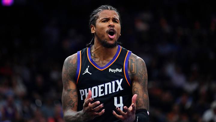 Suns guard Jalen Green (4) reacts after a no-call on his layup against the Bucks during a game at the Mortgage Matchup Center in Phoenix on March 21, 2026.