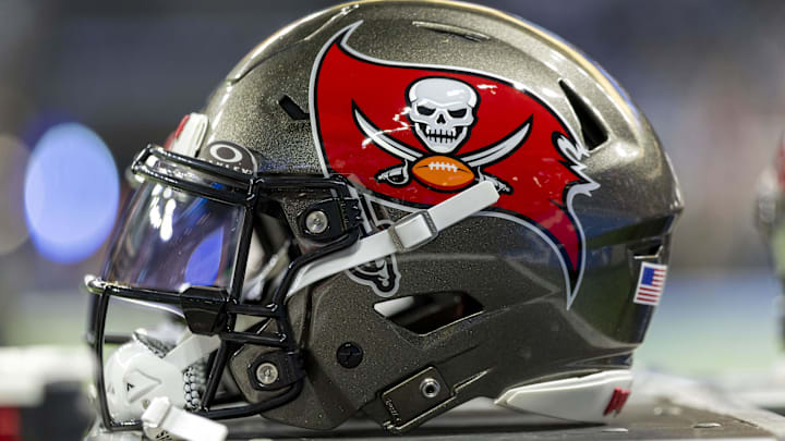 Oct 20, 2025; Detroit, Michigan, USA; The Tampa Bay Buccaneers helmet sits on an equipment locker before the game at Ford Field. Mandatory Credit: David Reginek-Imagn Images