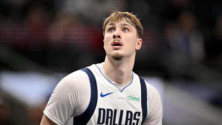 Feb 5, 2026; Dallas, Texas, USA; Dallas Mavericks forward Cooper Flagg (32) looks on during the second half against the San Antonio Spurs at the American Airlines Center. Mandatory Credit: Jerome Miron-Imagn Images