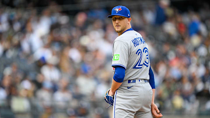 Toronto Blue Jays relief pitcher Jeff Hoffman (23) looks on during the eighth inning against the New York Yankees at Yankee Stadium Toronto Blue Jays relief pitcher Jeff Hoffman (23) looks on during the eighth inning against the New York Yankees at Yankee Stadium