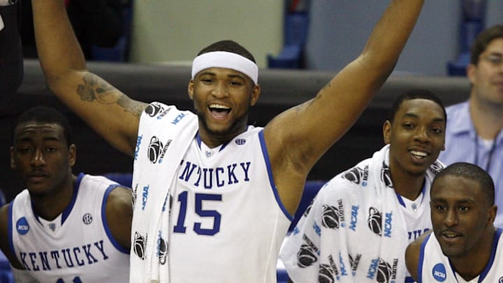 Mar 18, 2010; New Orleans, LA, USA; Kentucky Wildcats guard John Wall (11) and forward DeMarcus Cousins (15) and forward Patrick Patterson (54) react from the bench near the end of the game against the East Tennessee Buccaneers in the first round of the 2010 NCAA mens basketball tournament at the New Orleans Arena. Kentucky won 100-71.Mandatory Credit: Crystal LoGiudice-Imagn Images