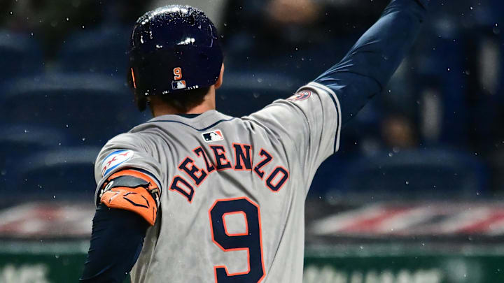 Sep 27, 2024; Cleveland, Ohio, USA; Houston Astros designated hitter Zach Dezenzo (9) celebrates after hitting a home run during the fifth inning against the Cleveland Guardians at Progressive Field