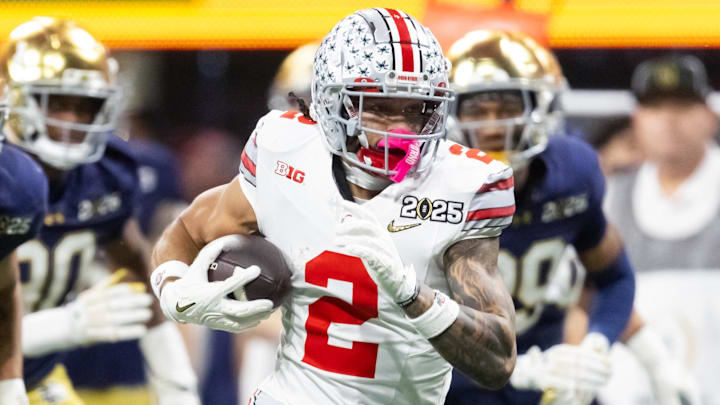 Jan 20, 2025; Atlanta, GA, USA; Ohio State Buckeyes wide receiver Emeka Egbuka (2) against the Notre Dame Fighting Irish during the CFP National Championship college football game at Mercedes-Benz Stadium. Mandatory Credit: Mark J. Rebilas-Imagn Images Jan 20, 2025; Atlanta, GA, USA; Ohio State Buckeyes wide receiver Emeka Egbuka (2) against the Notre Dame Fighting Irish during the CFP National Championship college football game at Mercedes-Benz Stadium. Mandatory Credit: Mark J. Rebilas-Imagn Images