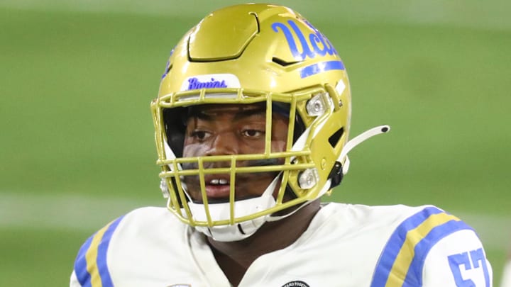 Dec 5, 2020; Tempe, Arizona, USA; UCLA Bruins offensive offensive lineman Jon Gaines II (57) against