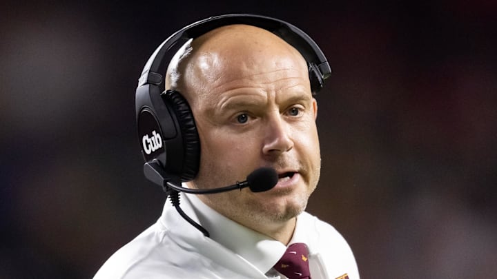 Dec 26, 2025; Phoenix, AZ, USA; Minnesota Golden Gophers head coach P.J. Fleck against the New Mexico Lobos during the Rate Bowl at Chase Field. Mandatory Credit: Mark J. Rebilas-Imagn Images