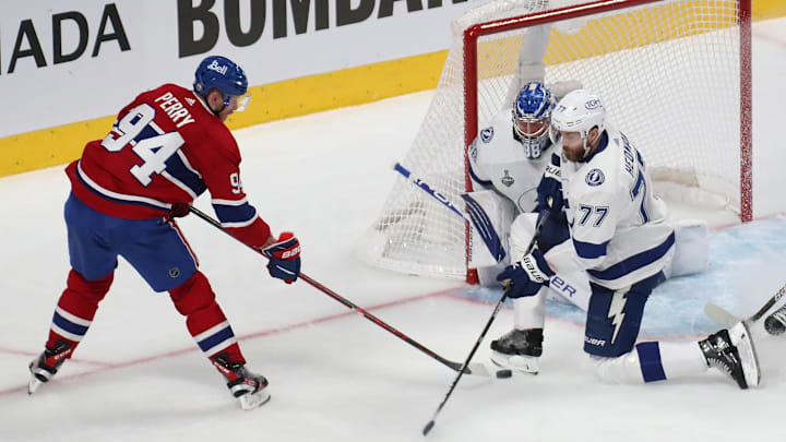 Jul 2, 2021; Montreal, Quebec, CAN; Montreal Canadiens right wing Corey Perry (94) controls the puck