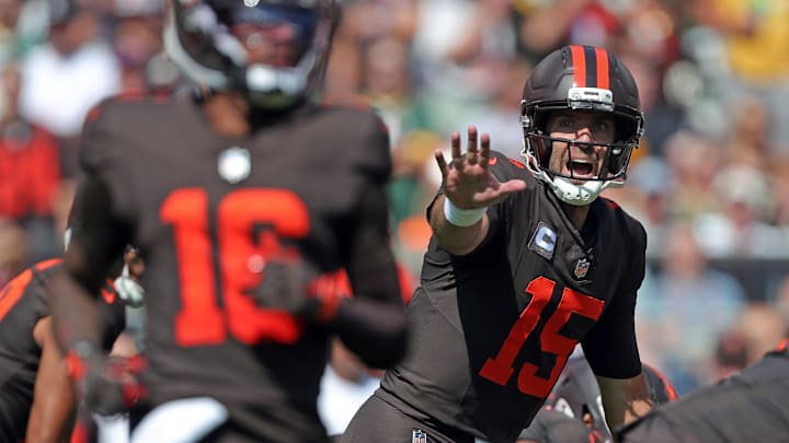 Cleveland Browns quarterback Joe Flacco (15) shouts to wide receiver Isaiah Bond (16) during the first half of an NFL football game at Huntington Bank Field, Sept. 21, 2025, in Cleveland, Ohio. Cleveland Browns quarterback Joe Flacco (15) shouts to wide receiver Isaiah Bond (16) during the first half of an NFL football game at Huntington Bank Field, Sept. 21, 2025, in Cleveland, Ohio.