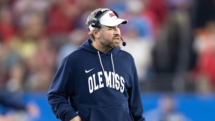 Jan 8, 2026; Glendale, AZ, USA; Mississippi Rebels head coach Pete Golding against the Miami Hurricanes during the 2026 Fiesta Bowl and semifinal game of the College Football Playoff at State Farm Stadium. Mandatory Credit: Mark J. Rebilas-Imagn Images