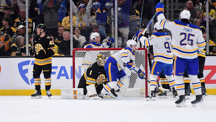 Apr 26, 2026; Boston, Massachusetts, USA; Buffalo Sabres left wing Zach Benson (6) scores a goal during the first period in game four of the first round of the 2026 Stanley Cup Playoffs against the Boston Bruins at TD Garden. Mandatory Credit: Bob DeChiara-Imagn Images