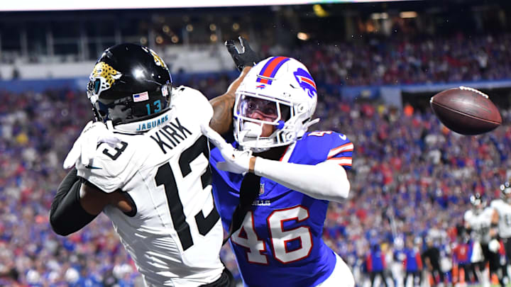 Sep 23, 2024; Orchard Park, New York, USA; Buffalo Bills cornerback Ja'Marcus Ingram (46) breaks up a pass intended for Jacksonville Jaguars wide receiver Christian Kirk (13) in the fourth quarter at Highmark Stadium