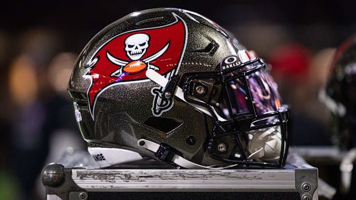 Oct 13, 2024; New Orleans, Louisiana, USA; Detailed view of the Tampa Bay Buccaneers helmet against the New Orleans Saints during the first half at Caesars Superdome. Mandatory Credit: Stephen Lew-Imagn Images Oct 13, 2024; New Orleans, Louisiana, USA; Detailed view of the Tampa Bay Buccaneers helmet against the New Orleans Saints during the first half at Caesars Superdome. Mandatory Credit: Stephen Lew-Imagn Images