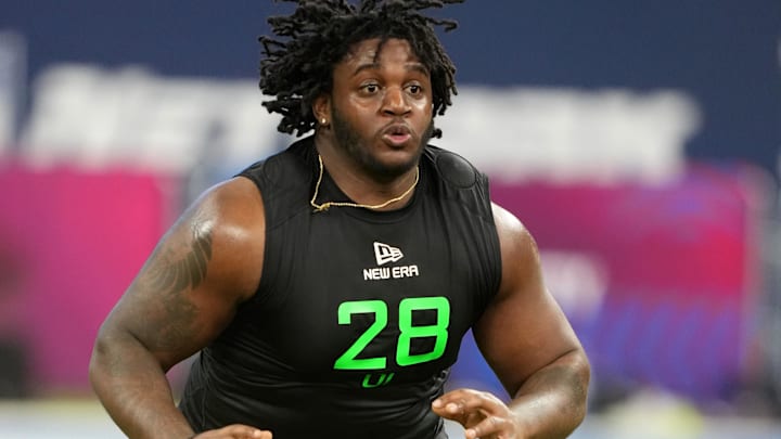Mar 2, 2025; Indianapolis, IN, USA; Missouri offensive lineman Armand Membou (OL28) during the 2025 NFL Scouting Combine at Lucas Oil Stadium. Mandatory Credit: Kirby Lee-Imagn Images