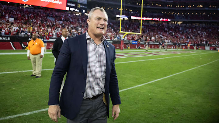 Dec 17, 2023; Glendale, Arizona, USA; San Francisco 49ers general manager John Lynch against the Arizona Cardinals at State Farm Stadium. Mandatory Credit: Mark J. Rebilas-USA TODAY Sports