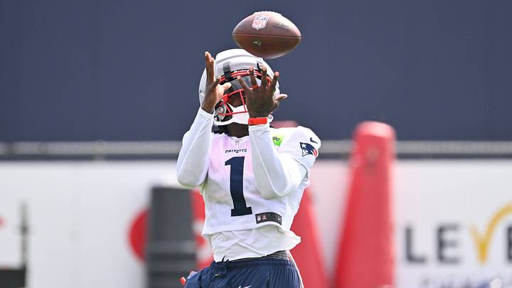 Jul 28, 2026; Foxborough, MA, USA; New England Patriots wide receiver A.J. Brown (1) makes a catch during training camp at Gillette Stadium. Mandatory Credit: Eric Canha-Imagn Images Jul 28, 2026; Foxborough, MA, USA; New England Patriots wide receiver A.J. Brown (1) makes a catch during training camp at Gillette Stadium. Mandatory Credit: Eric Canha-Imagn Images