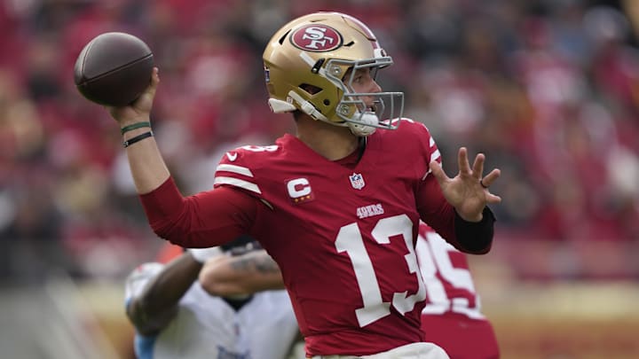 Dec 14, 2025; Santa Clara, California, USA;  San Francisco 49ers quarterback Brock Purdy (13) prepares to pass the ball during the first quarter against the Tennessee Titans at Levi's Stadium. Mandatory Credit: Kyle Terada-Imagn Images