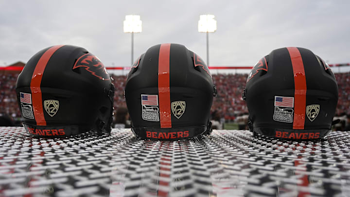 Sep 23, 2023; Pullman, Washington, USA; Oregon State Beavers helmets sit during a game against the Washington State Cougars in the first half at Gesa Field at Martin Stadium. Mandatory Credit: James Snook-Imagn Images