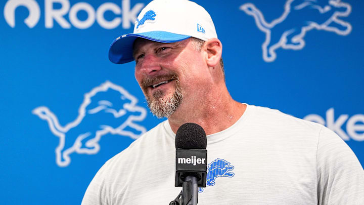 Detroit Lions head coach Dan Campbell speaks at a press conference during training camp at Meijer Performance Center in Allen Park on Sunday, July 20, 2025.