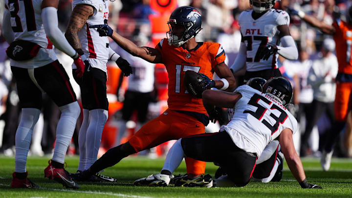 Nov 17, 2024; Denver, Colorado, USA; Denver Broncos wide receiver Devaughn Vele (17) during the first quarter against the Atlanta Falcons at Empower Field at Mile High. Mandatory Credit: Ron Chenoy-Imagn Images